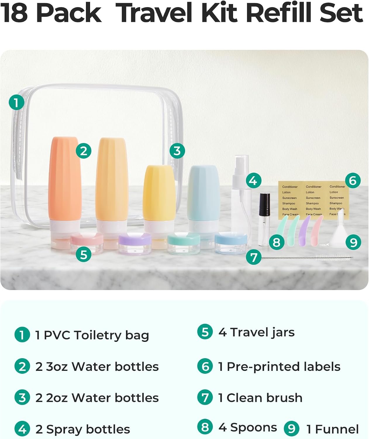 BAGSMART 18 Pack TSA Approved Travel Bottles for Toiletries, Leak Proof Silicone Travel Size Containers Bottles for Shampoo, Soft Pastel - Image 2