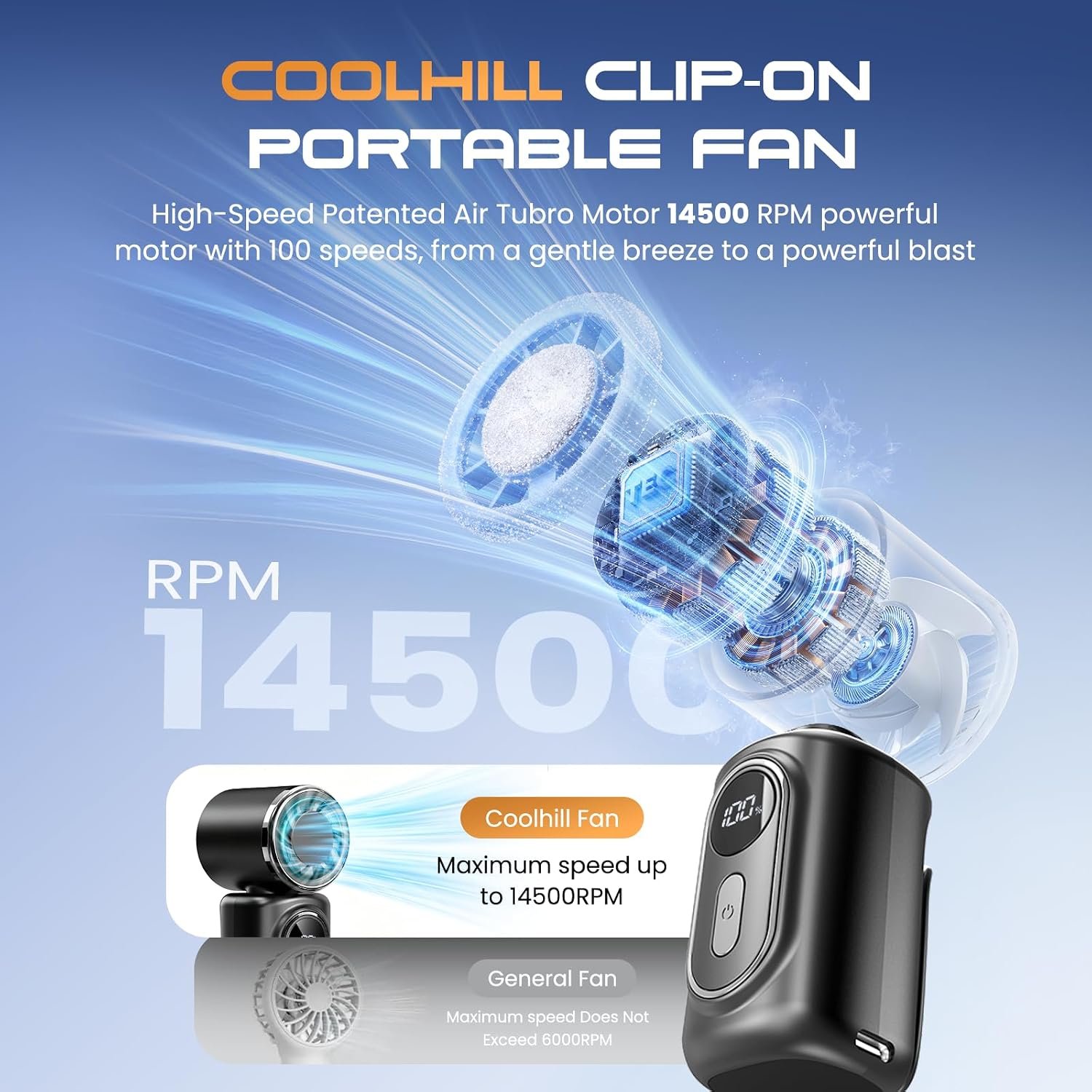 Portable Mini Clip On Fan, Turbo Handheld Fan Rechargeable Portable Fan | 3-in-1 Personal Cooling Fan 14500 RPM Mini Stroller Fan for Travel, Camping, Office & Outdoor Use - Image 2