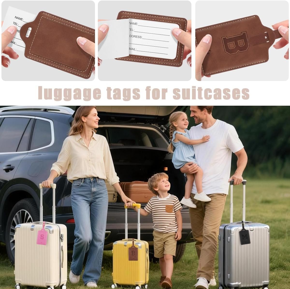 Luggage Tags for Suitcase Personalized Initial Leather Bag Tags | Embossed Travel Tags, 3 Info Cards, Privacy, Travel Essentials, Monogrammed Letter, Backpack Tags, Women and Men, Brown B - Image 4