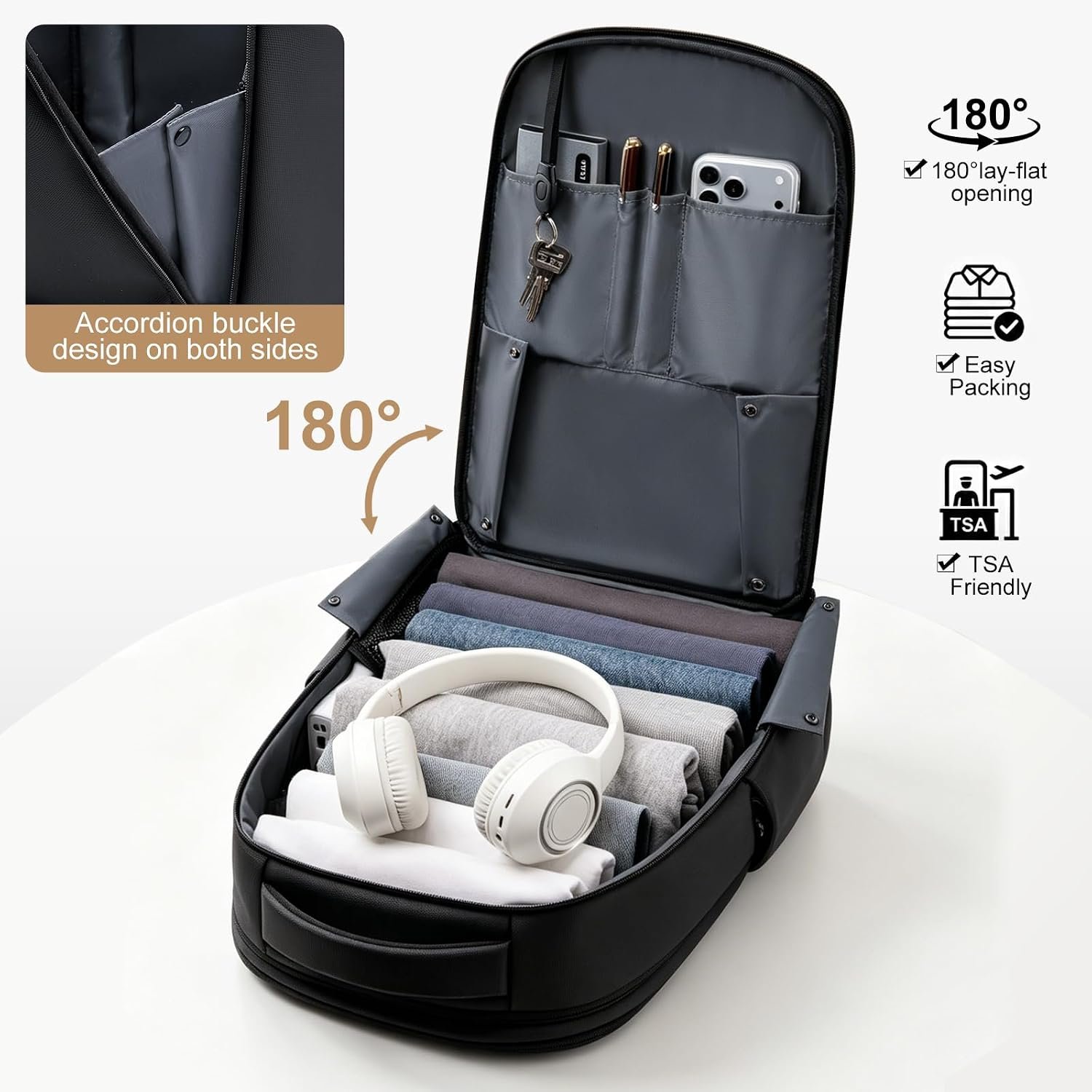 FENRUIEN Expandable Laptop Backpack 15.6 Inch for Men Business Travel | Commute & Office Ready, Water-Resistant, Laptop Compartment, TSA-friendly, USB Charging Port, Black - Image 5