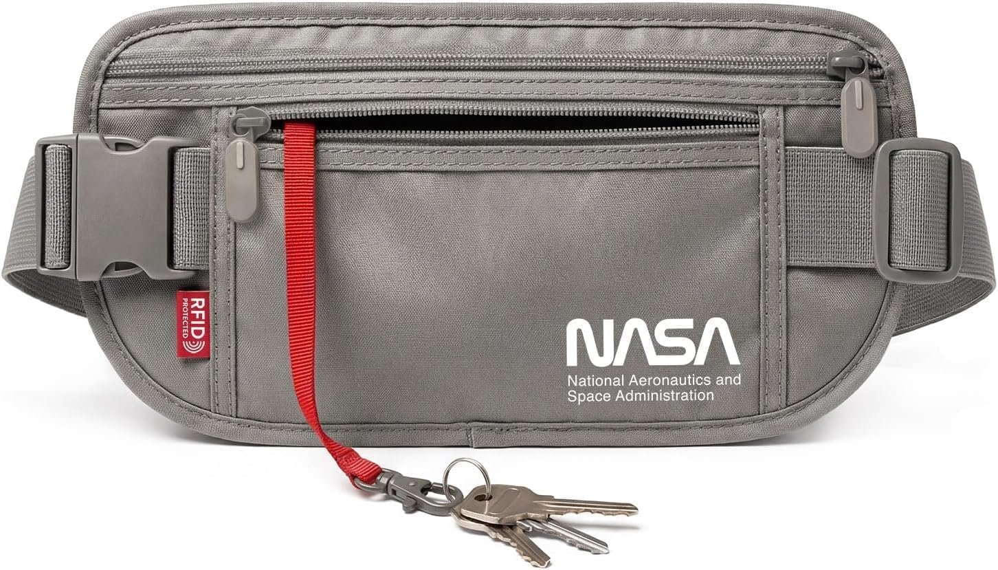 NASA Money Belt with RFID-Secured Passport Protection (Lunar Grey) | Concealed Carry | Genuine NASA Insignia | RFID Blocking | YKK Zippers | Breathable Mesh | Key Carabiner