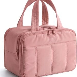 BAGSMART Travel Toiletry Bag, Puffy Large Toiletry Bag for Women, Lightweight Cosmetic Makeup Bag Organizer with Handle for Traveling, Accessories, Essentials, Toiletries (Dark Pink