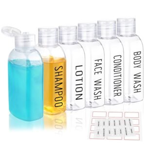 3.4 oz Clear PET Travel Bottles for Toiletries 6-Pack | Reusable, Thick, Tight-Sealing Flip Caps, Print on Label, Permanent Identification Stays, 2 Label Sheets, for Toiletries