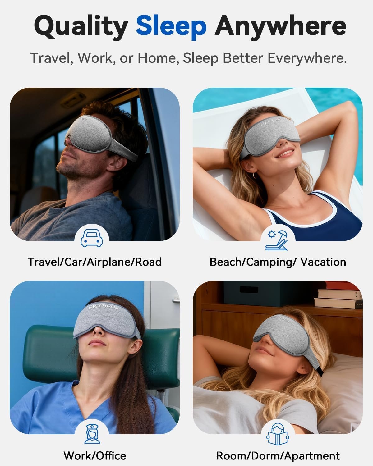 3D Blackout Weighted Eye Mask for Sleep, Airplane Travel Essential | Long flights, road trips, gentle weighted comfort, deep cups, lash-friendly, adjustable strap, daytime naps for men & women - Image 6