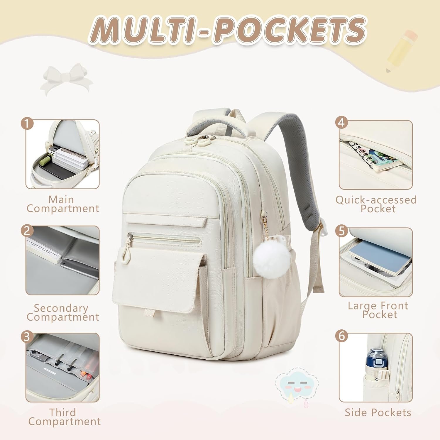 GeeWin Backpacks for Girls, Girls Backpack with Lunch Box & Pencil Case Set | 17 Inch Waterproof Girl Bookbag with Lots of Pockets for Kids, Teens, Elementary Middle High College School Student(Beige) - Image 3