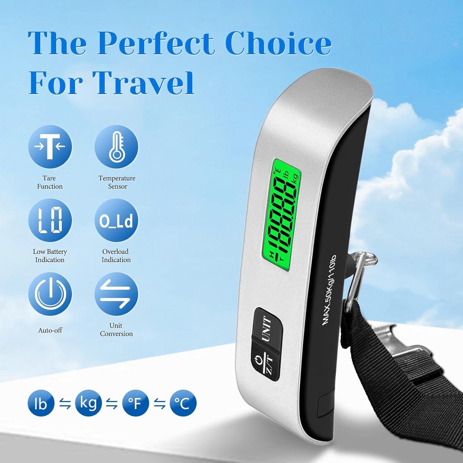 Luggage Scale, 110lb/50kg Portable Luggage Weight Scale, Silver | Unit Conversion,Automatic overload,Low battery warning modes,LED Display,for Weighing Luggage, Backpacks, Fruits and Pets - Image 3
