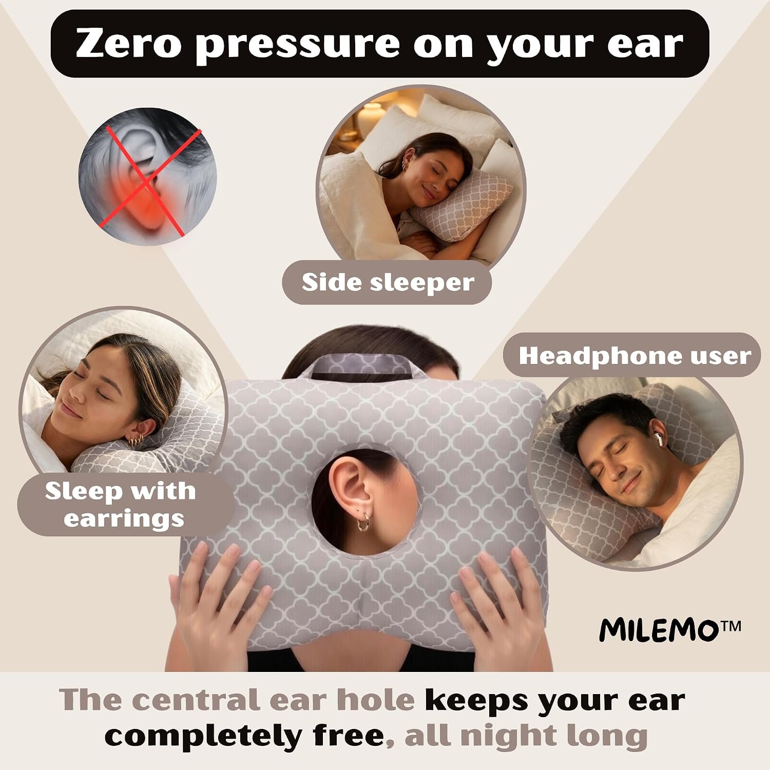 Ear Comfort Travel Pillow with Ear Hole- Side SleepingTravel Cushion with Handle-Lightweight Skin-Friendly Fabric (Light Gray) - Image 2