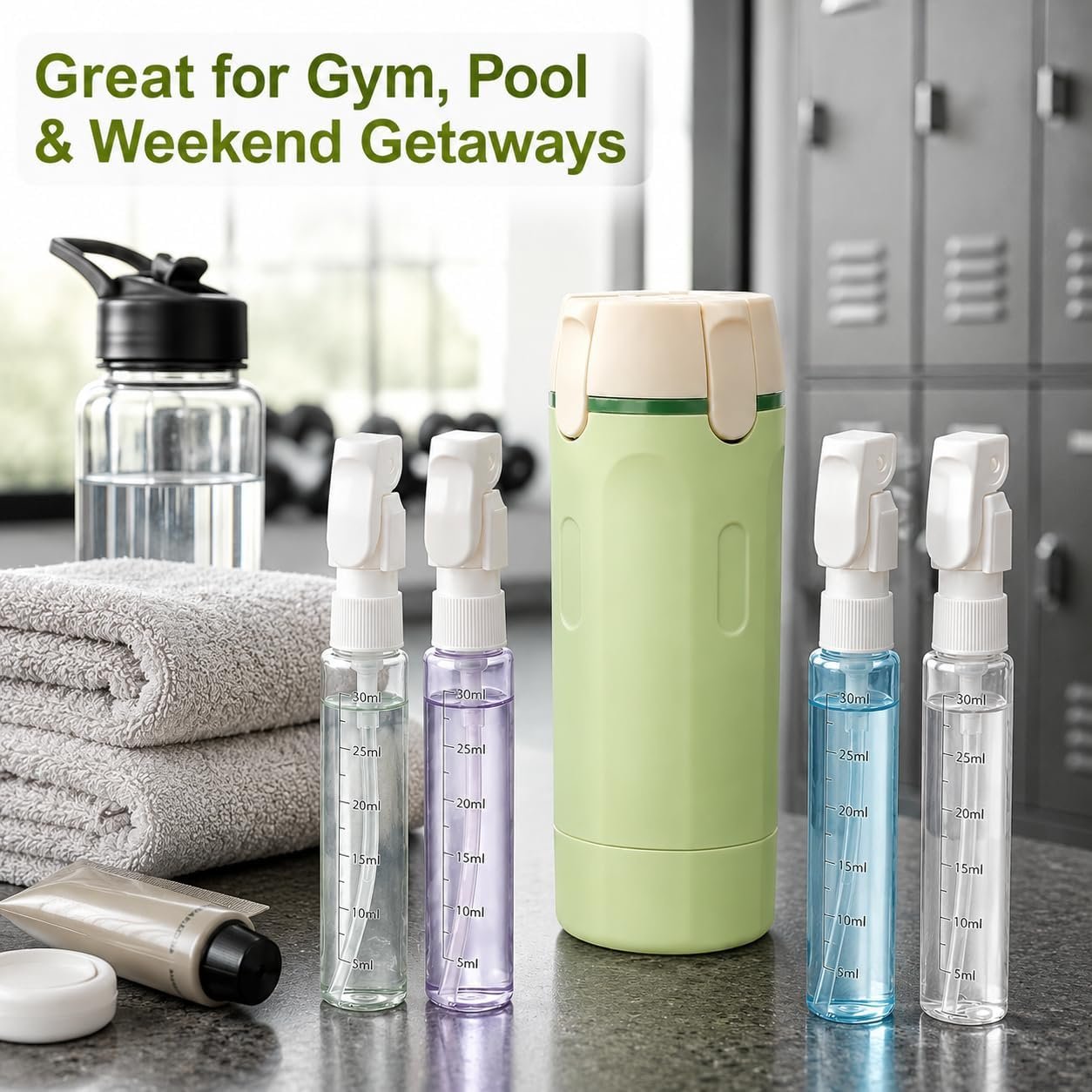 4-in-1 30ML Travel Size Dispenser Toiletries Bottles, Leak-Proof Refillable Containers Dispensers Labels Portable Toiletry Organizer Cup for Shampoo, Lotion, Soap Travel Essentials Green - Image 2