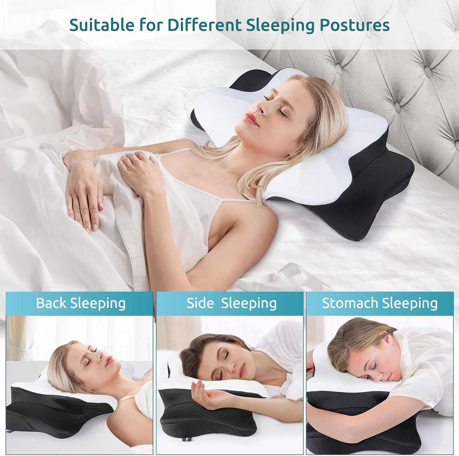 DONAMA Cervical Pillow for Neck Pain Relief,Contour Memory Foam Pillow,Ergonomic Orthopedic Neck Support Pillows for Side,Back and Stomach Sleepers with Breathable Pillowcase-Black - Image 3