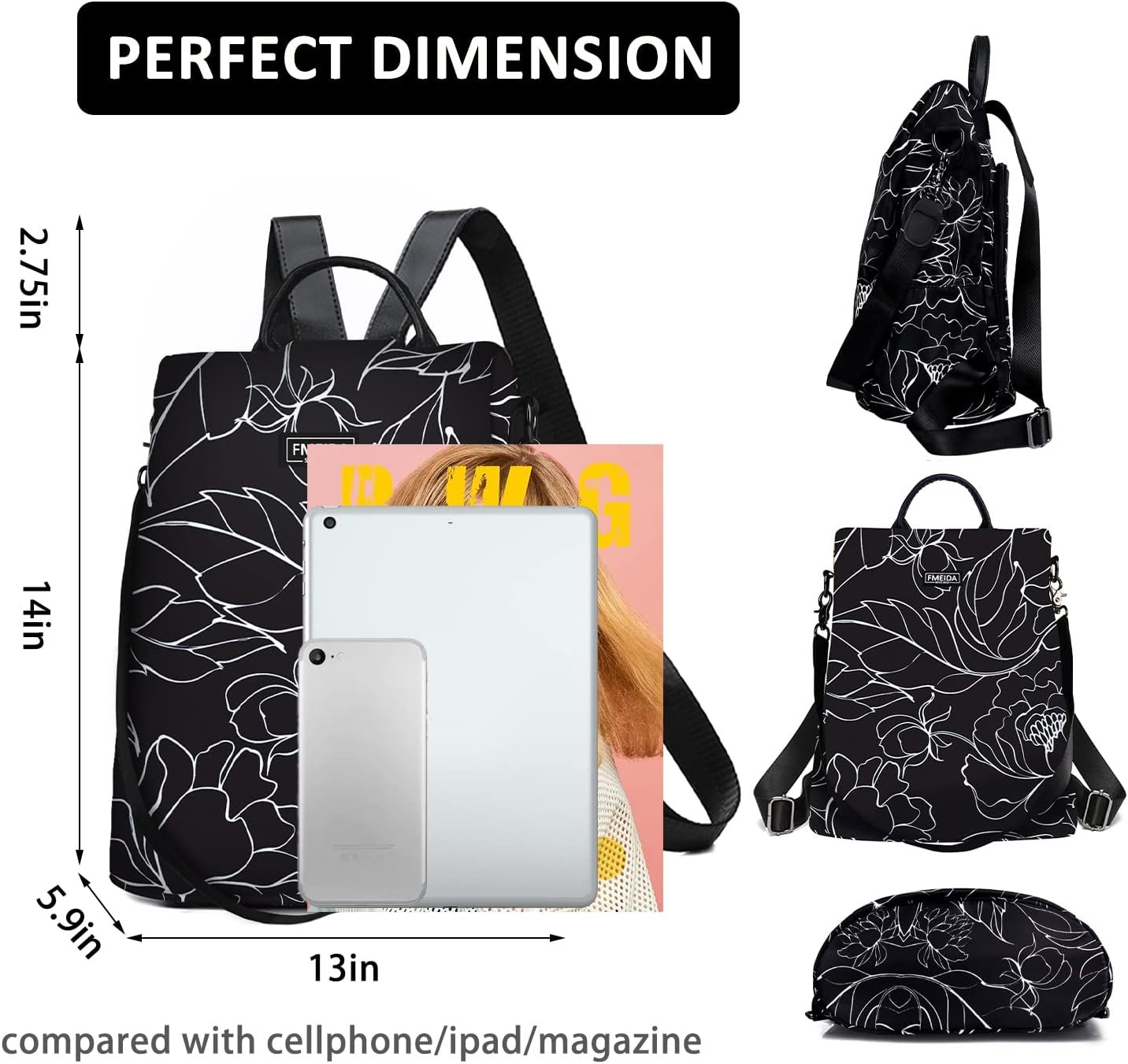Women's Anti-Theft Backpack Purse | Lightweight Travel Daypack for College, Work & Outdoor | Nylon Back pack with Minimalist Floral Design | Hidden Back Zipper Opening, Compact Travel Size,Summer Purse, Daypack for College Work, Fits 13-inch laptop - Image 3
