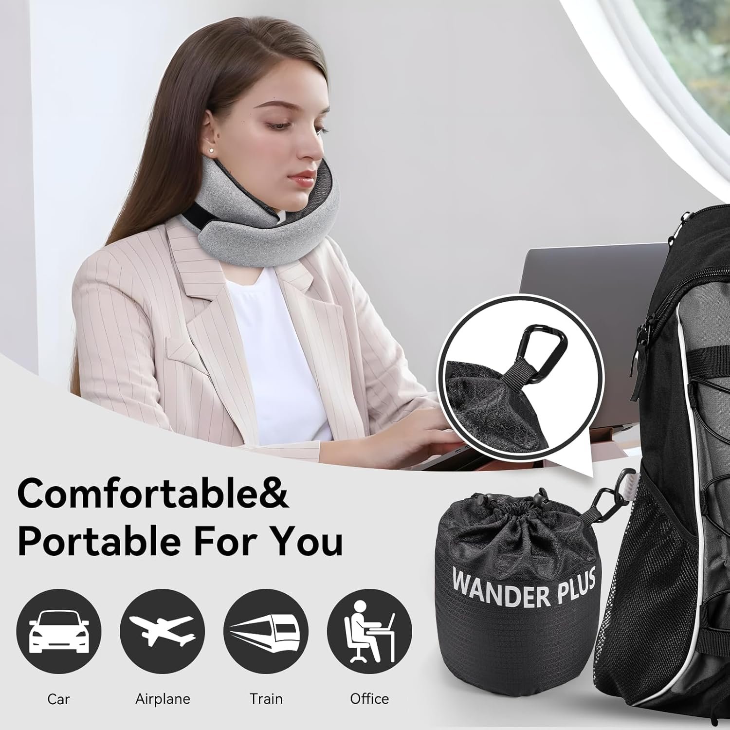 WANDER PLUS® Travel Pillow, 100% Pure Memory Foam Travel Neck Pillow Airplane Neck Support Ergonomic Design Best for Sleeping Plane Car Train Office Flight for Adults Grey - Image 5