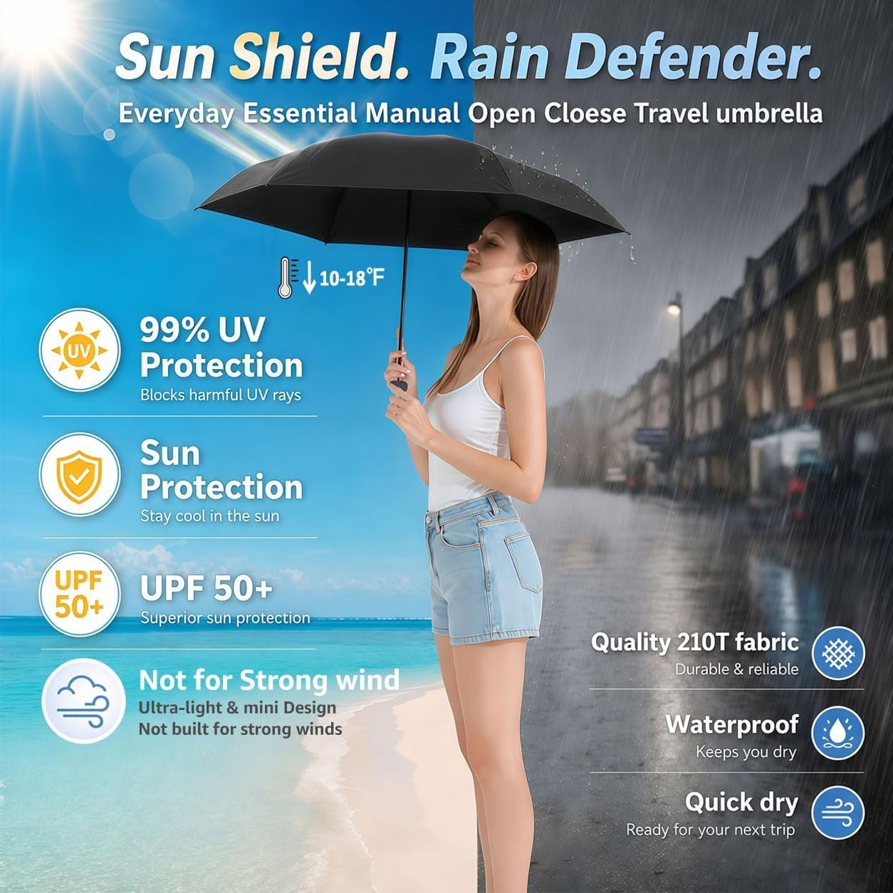 BAODINI Mini Travel Umbrella with UV Sun Protection, Compact Pocket-Size | 8.6 oz Lightweight, Small Portable for Sun & Rain, Fit Purse & Backpack, Travel essentials for Disney & European Trip - Image 2
