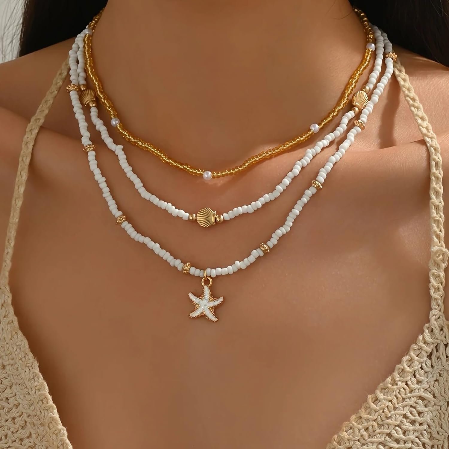 Nackiy Shell Starfish Necklace for Women, Boho Beach Vacation Jewelry | Gold Plated Layered Charm Necklace, Boho Bead Strands, Adjustable Fit, Pearl Shell Starfish Charms, Summer Jewelry Gift - Image 4