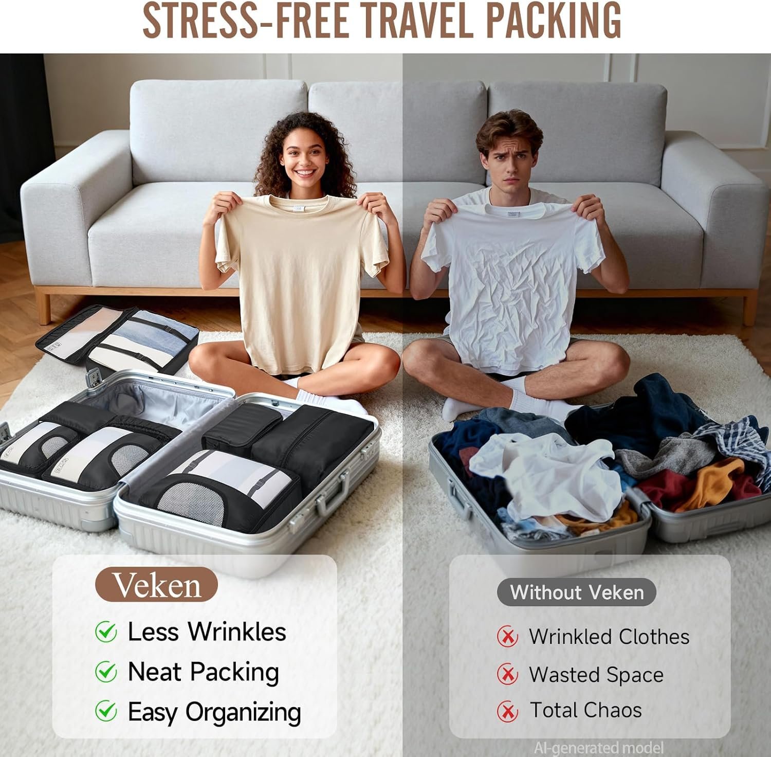 Veken 10 Set/8 Set Packing Cubes for Travel Essentials,Anti-Wrinkle Buckled Suitcase Organizer for Shoe & Toiletry Bag,Carry On Luggage Bag for Airplane & College Dorm Room Accessories,Women Men Gifts - Image 7