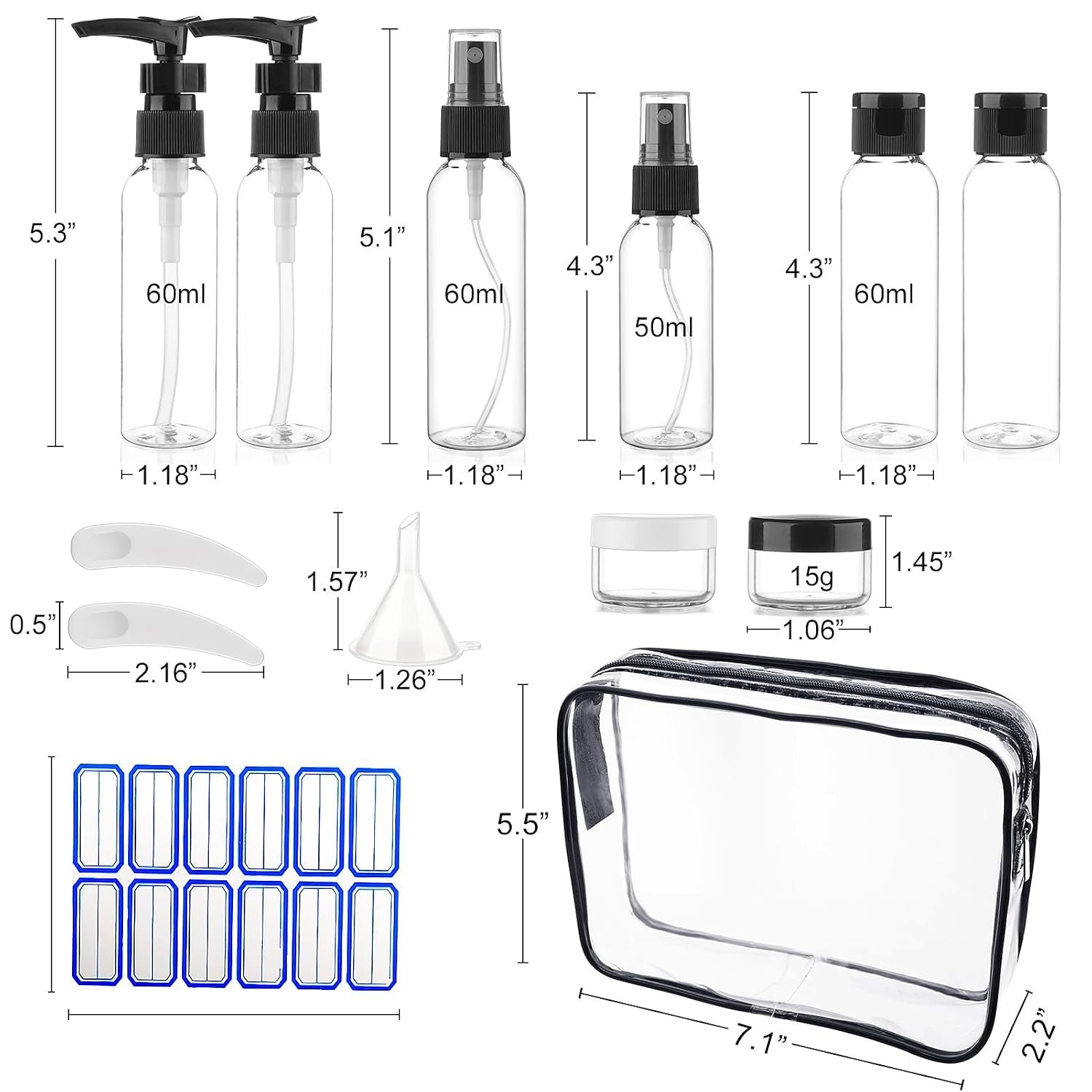 Cosywell 13-Piece 2 oz TSA Approved Travel Bottles for Toiletries Kit | Refillable set Includes Pump, Spray and Flip-cap Bottles, Cream Jars, Spatulas, Funnel and Clear Bag for Shampoo and Lotion - Image 2