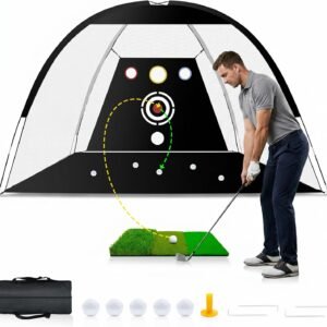 Golf Net, Dikutar 10x7ft Practice Bundle with Tri-Turf Mat & 4-Targets | Durable 420D hitting cages for backyard driving and swing training. Includes 5 balls, tee, and carry bag. Gifts for men.