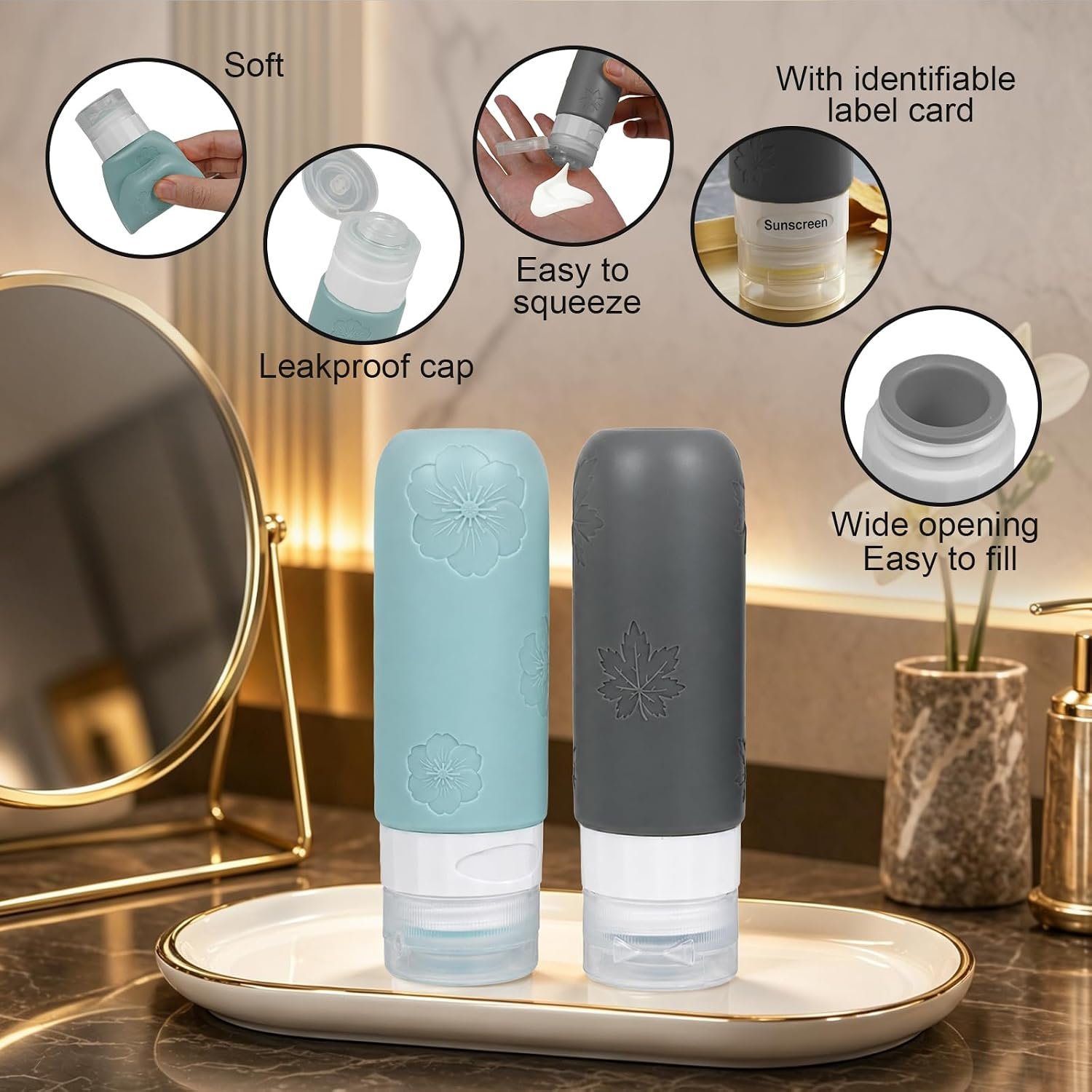 16 Pack Travel Bottles for Toiletries, Silicone TSA Approved-Containers for Toiletries,3oz Silicone Travel Bottles Set Leak Proof Refillable Liquid,Shampoo and Conditioner Travel Toiletry Bottles Grey - Image 3
