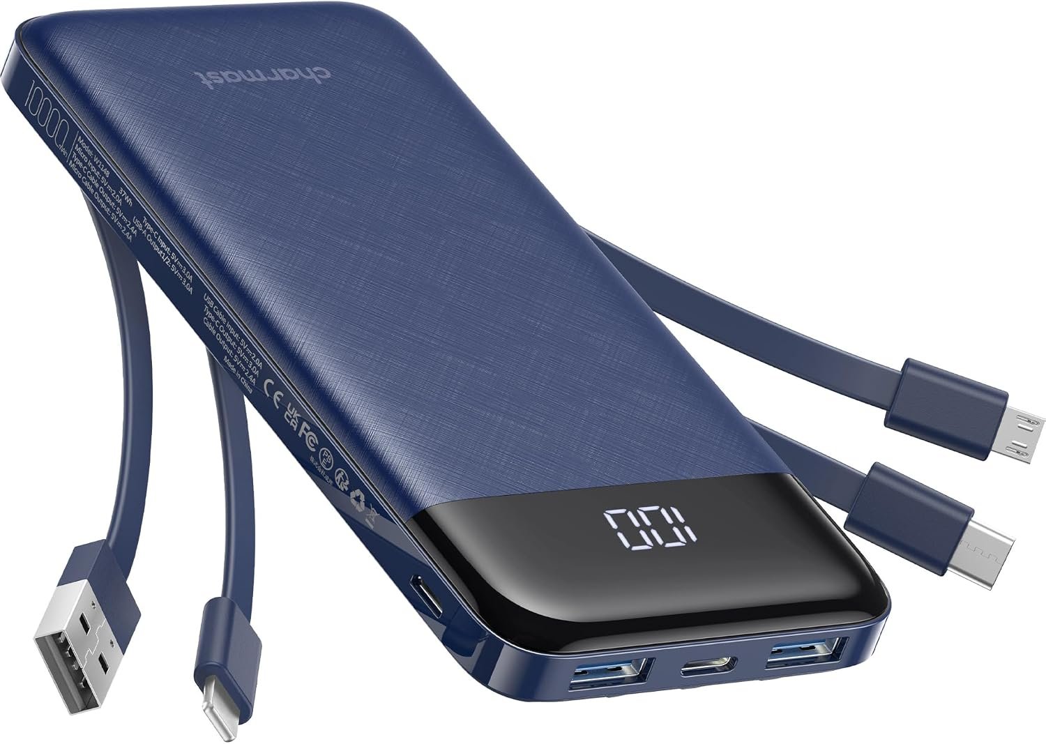 charmast Portable Charger Power Bank with Reinforced Built-in 4 Cables | 10000mAh,6 Outputs 3 Inputs,Travel Essentials,Carry-on Only,3A Fast Charging Portable Phone Charger for iPhone Samsung Pixel