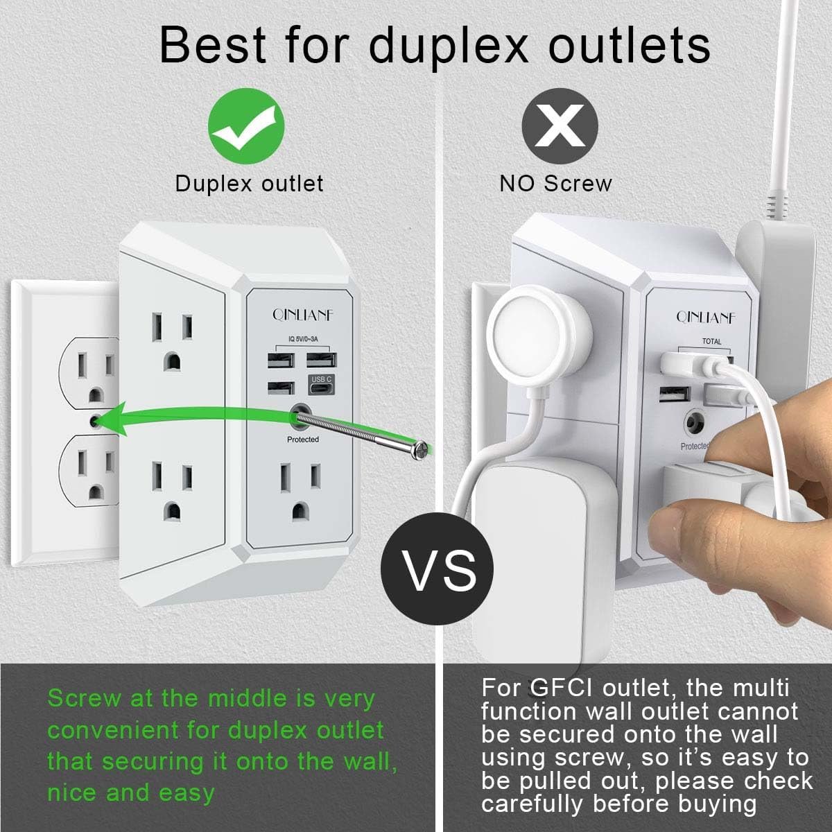 Wall Charger, Surge Protector, QINLIANF 5 Outlet Extender with 4 USB Ports | 1680 Joues, 3-Sided Power Strip, Multi Plug Wall Outlet Adapter Spaced for Home Travel Office - Image 5