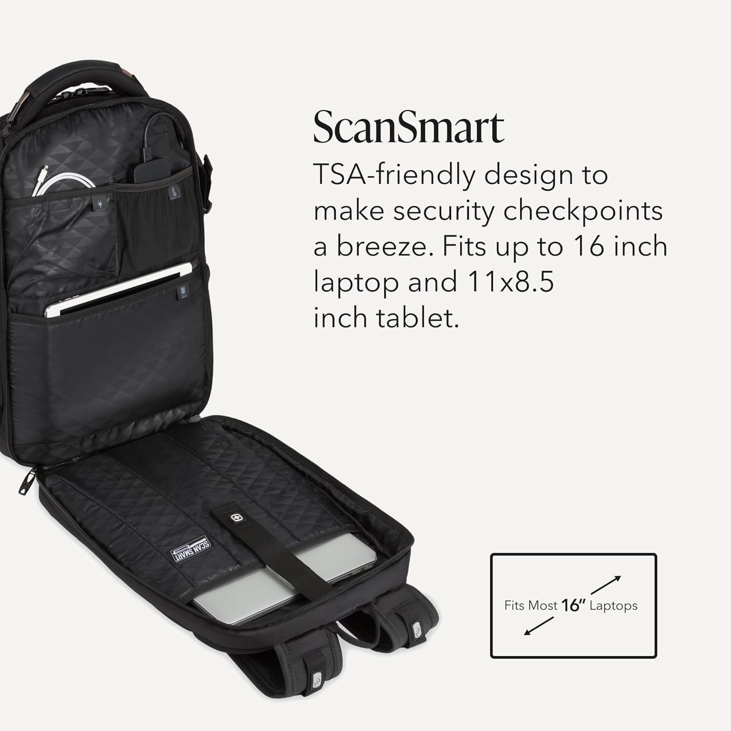 SwissGear Travel Tech Elite Laptop Backpack – Fits Laptops up to 16” – ScanSmart TSA-Friendly Backpack with USB Port, Shoe Compartment & Organizer Pockets – Black - Image 3
