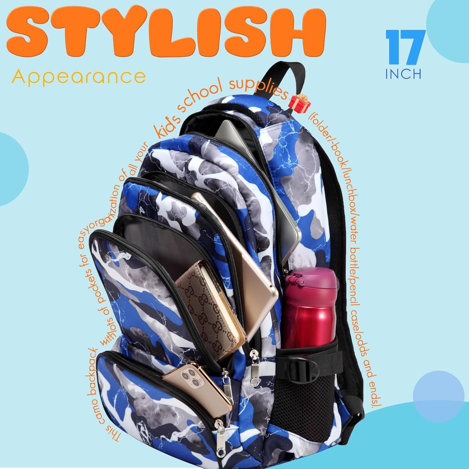 Kids Backpack for Boys Elementary Book Bags Primary Middle School Bookbags for Childs Water Resistant Back to School Gifts Son Mochila Escolares para Niños Aged 8-10 17 Inch Camo Blue - Image 5