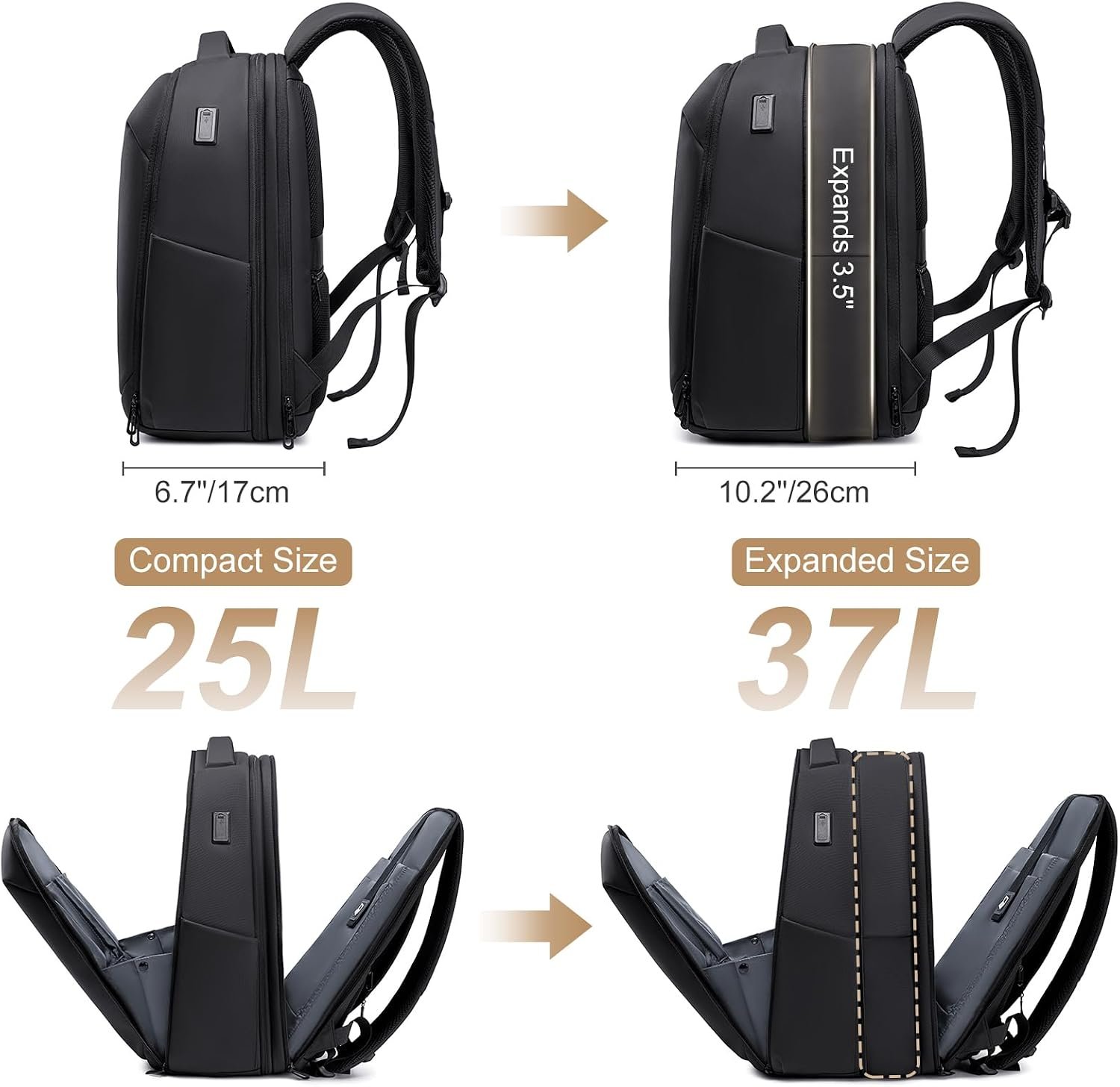 FENRUIEN Expandable Laptop Backpack 15.6 Inch for Men Business Travel | Commute & Office Ready, Water-Resistant, Laptop Compartment, TSA-friendly, USB Charging Port, Black - Image 2