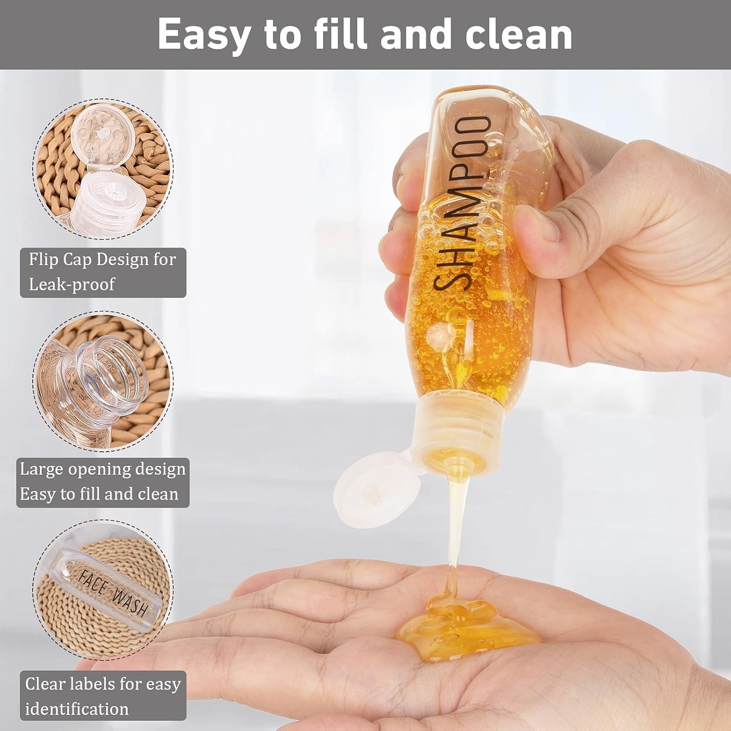 3.4 oz Clear PET Travel Bottles for Toiletries 6-Pack | Reusable, Thick, Tight-Sealing Flip Caps, Print on Label, Permanent Identification Stays, 2 Label Sheets, for Toiletries - Image 4