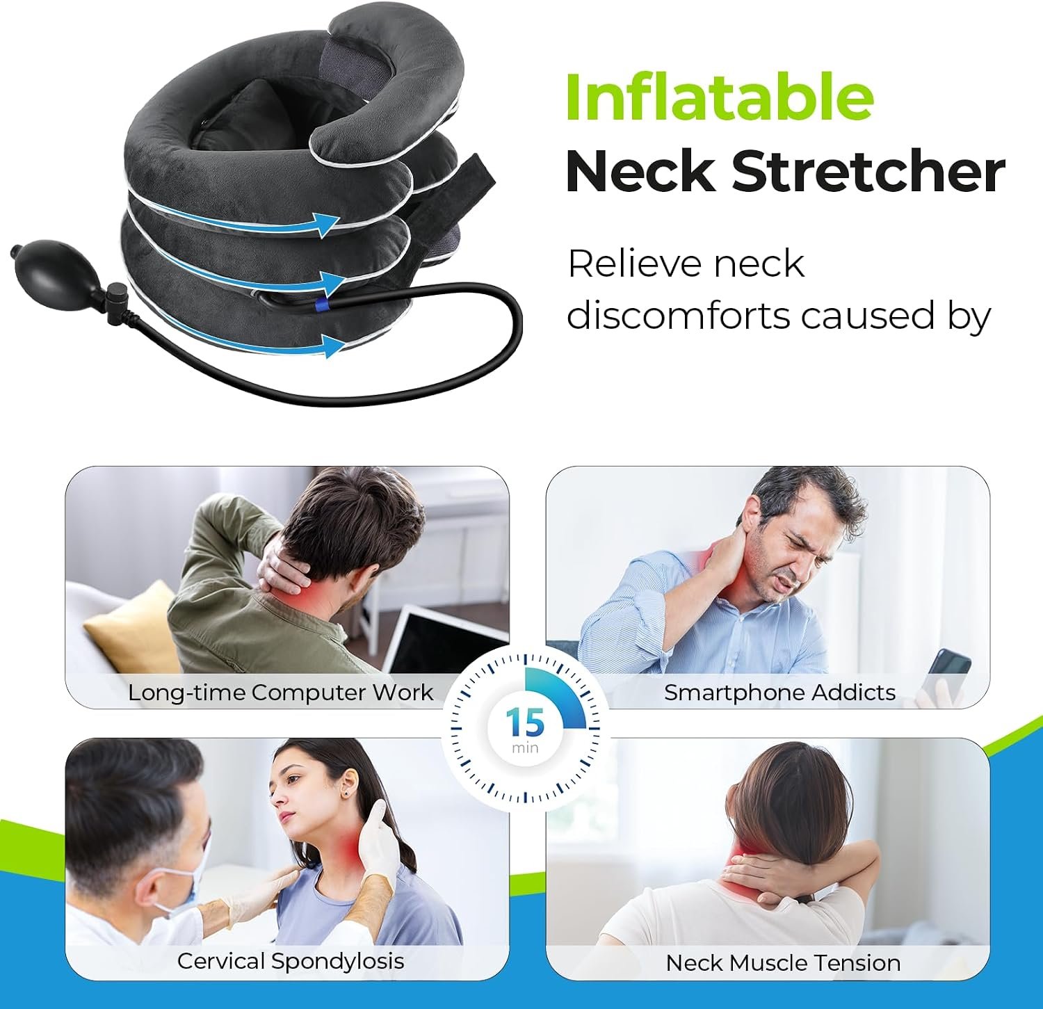 AUVON Inflatable Neck Stretcher with Chin-Up for Effective Neck Pain Relief | Cervical Stretcher with 3-Layer Design in Varying Sizes, Neck Brace Pillow for Neck Support, Decompression Home Use, L Size - Image 6
