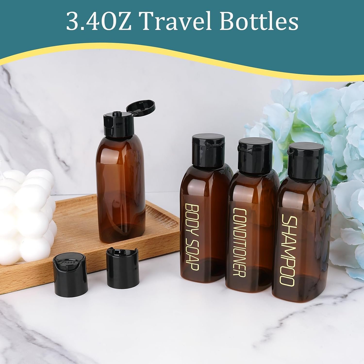Cosywell 4 Pack 3.4 oz Preprinted Travel Bottles for Toiletries | Brown Bottles are Preprinted with SHAMPOO, CONDITIONER and BODY SOAP, One is Blank, Includes Flip Caps and a Toiletry Bag - Image 3