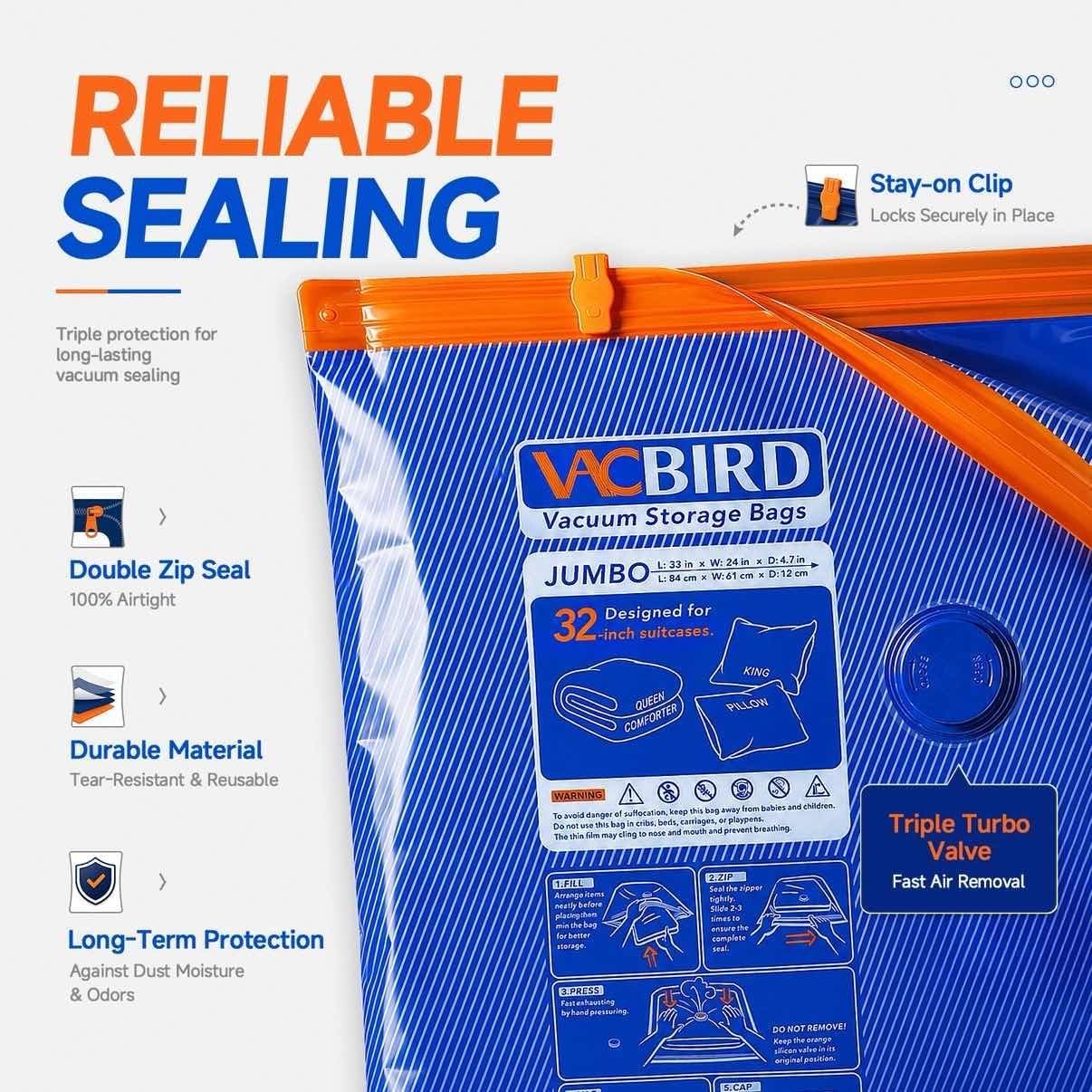 Vacbird Vacuum Storage Bags Jumbo with Pump for Clothes & Bedding,18 Pcak | Cordless Rechargeable Pump Vacuum Bags Large Jumbo,3 Sizes, Space Saving for Organization & Clothing Blankets Home Storage - Image 5