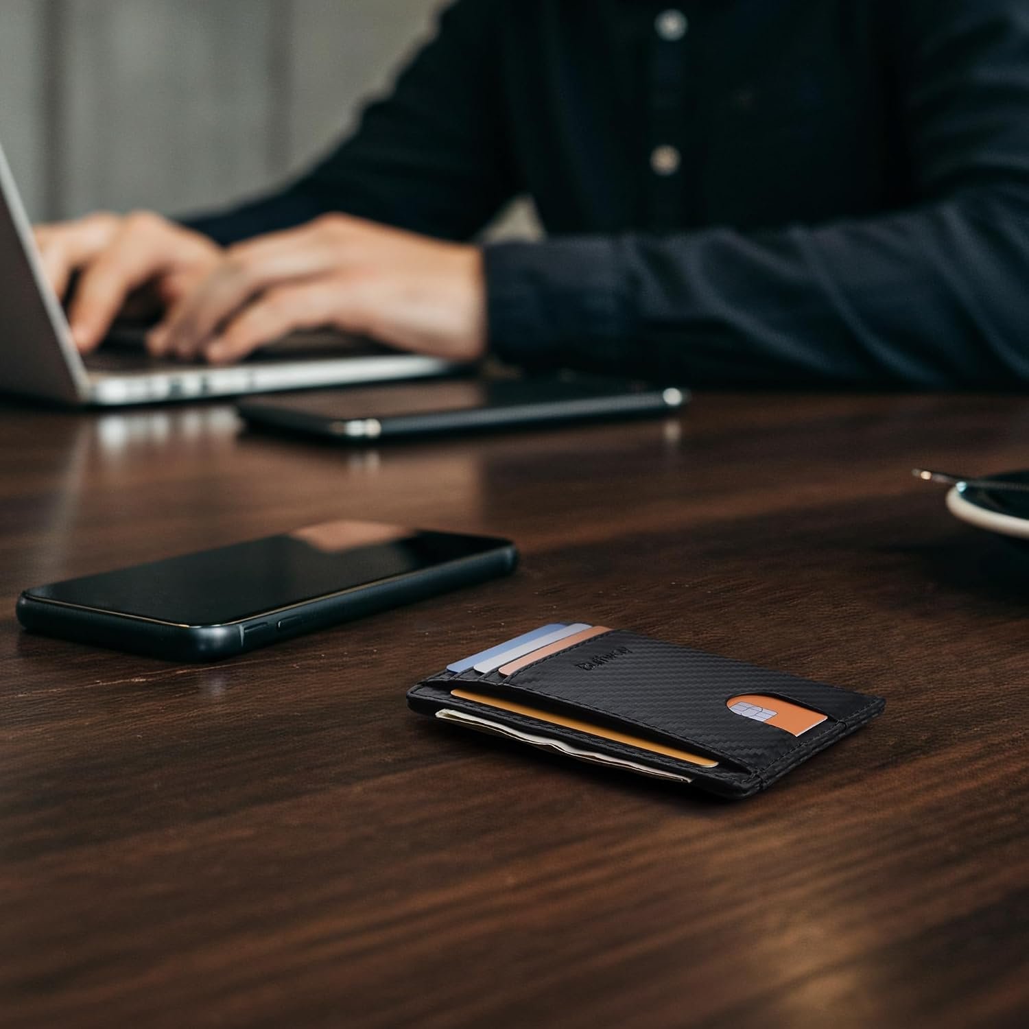 Buffway Slim Minimalist Front Pocket RFID Blocking Leather Wallets for Men and Women - Carbon Fiber Black - Image 9