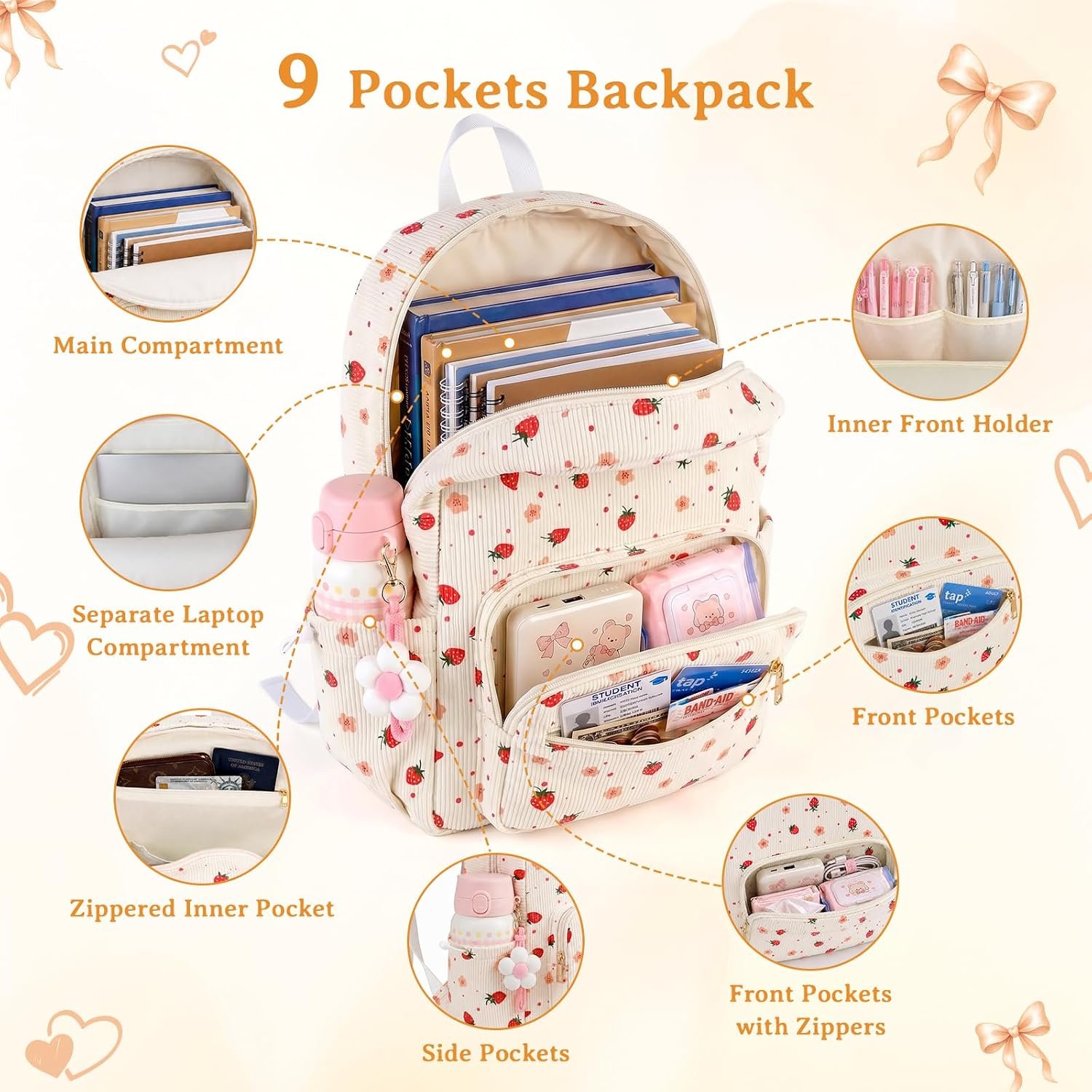 Corduroy Girls Backpack Set，Cute School Backpack for Teens Girls Kids Bookbags for Elementary High School Women Laptop Bags Daypacks Set With Lunch Bag and Pencil Case (Beige Strawberry, 3 Set) - Image 7
