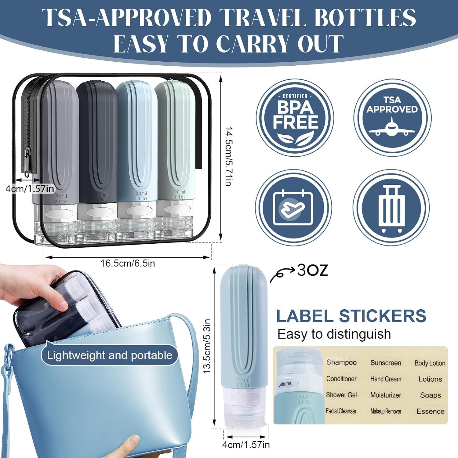 Travel Bottles for Toiletries, 3oz TSA Approved Travel Size Toiletries, Silicone Leak-Proof Refillable Containers, Squeezable Liquid Essentials Bottles W/Clear Bag (GRAY) - Image 5