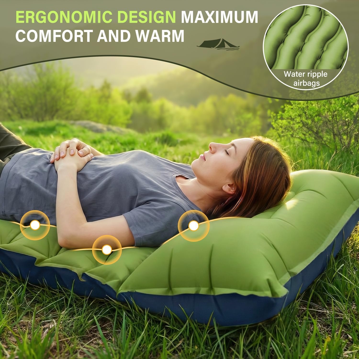 FUN PAC Camping Sleeping Pad, Ultralight Camping Mat with Pillow, Built-in Foot Pump Inflatable Sleeping Pads Compact for Camping Backpacking Hiking Traveling Tent,Single,Green - Image 3
