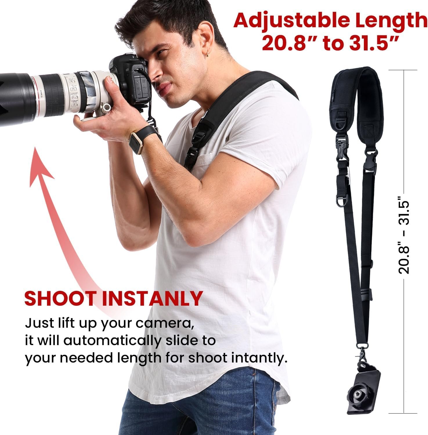 waka Rapid Camera Neck Strap with Quick Release and Safety Tether | Adjustable Camera Shoulder Sling Strap for Nikon Canon Sony Olympus DSLR Camera - Black - Image 6
