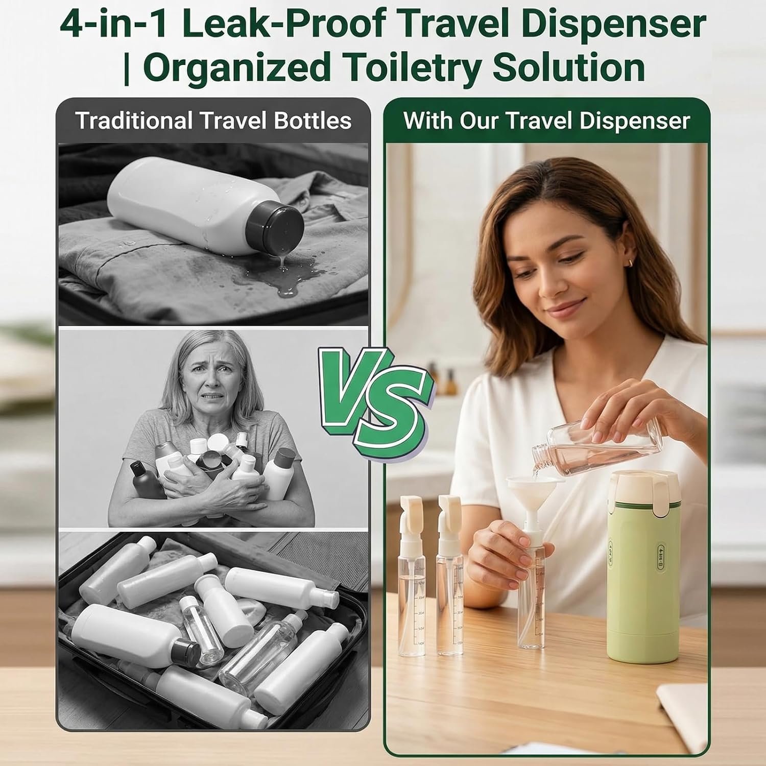 4 in 1 Travel Dispenser Bottle Set, Leakproof TSA Travel Size Containers for Toiletries, Portable Refillable Bottles, Hard Shell Rotating Design with Scale and Labels - Image 3