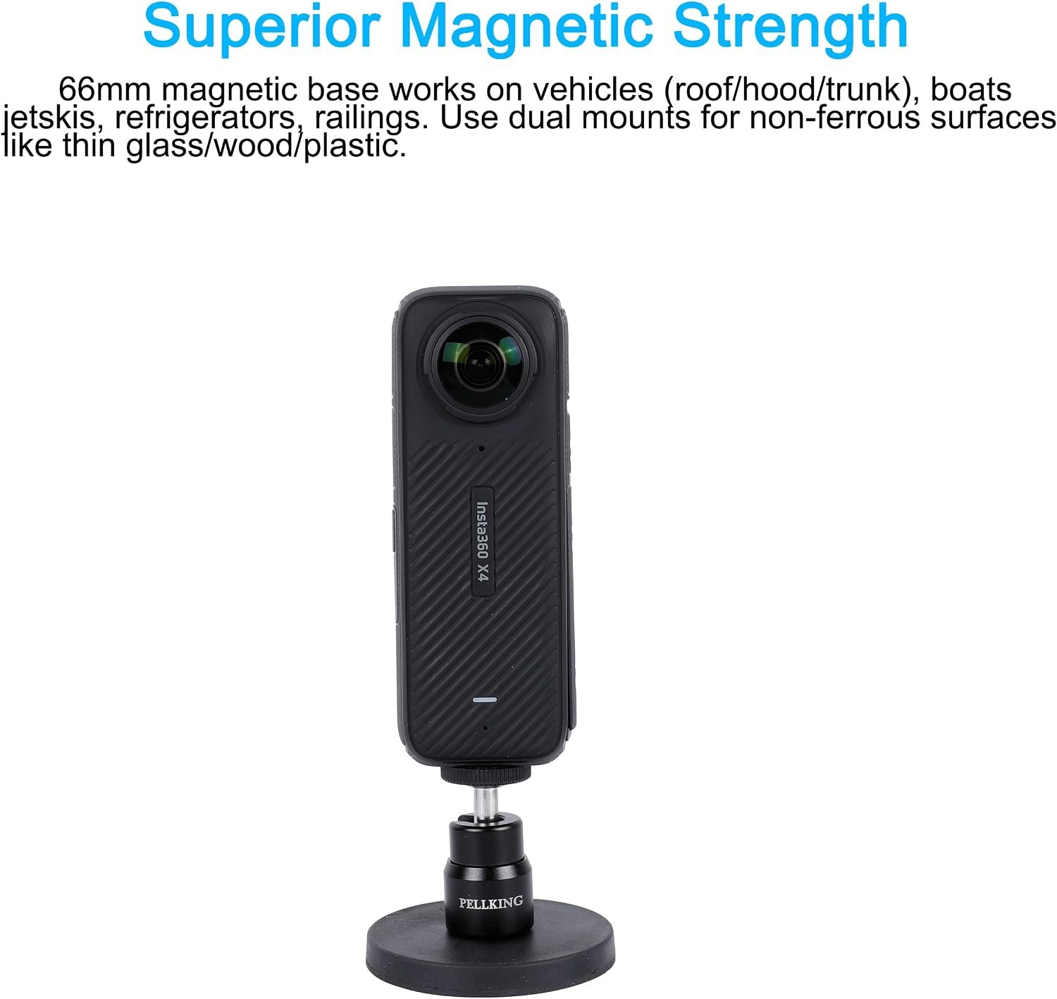 PellKing Magnetic Camera Mount for Insta360 X5 X4 X3-360° Adjustable Ball Head -Compatible with All Action Cameras on Cars, Boats, Metal Surfaces - Image 2