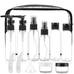 Cosywell 13-Piece 2 oz TSA Approved Travel Bottles for Toiletries Kit | Refillable set Includes Pump, Spray and Flip-cap Bottles, Cream Jars, Spatulas, Funnel and Clear Bag for Shampoo and Lotion
