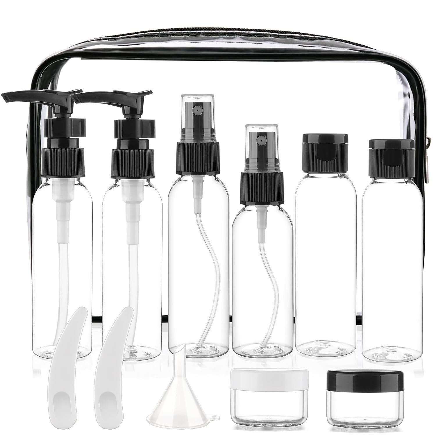 Cosywell 13-Piece 2 oz TSA Approved Travel Bottles for Toiletries Kit | Refillable set Includes Pump, Spray and Flip-cap Bottles, Cream Jars, Spatulas, Funnel and Clear Bag for Shampoo and Lotion