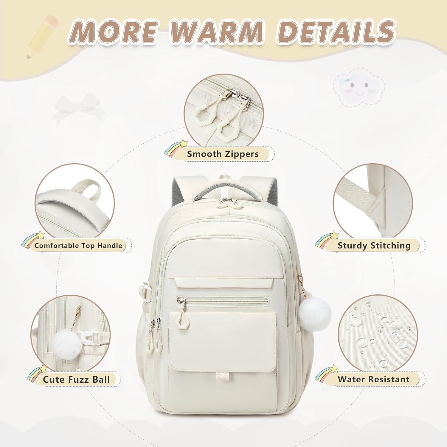 GeeWin Backpacks for Girls, Girls Backpack with Lunch Box & Pencil Case Set | 17 Inch Waterproof Girl Bookbag with Lots of Pockets for Kids, Teens, Elementary Middle High College School Student(Beige) - Image 4
