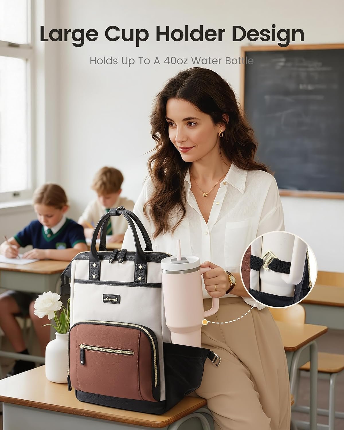 LOVEVOOK Laptop Backpack for Women with Giant Tumbler Holder,18 inch Professional Nurse Teacher Backpack Computer Laptop Bag,Cute Waterproof Travel Backpack Purse Work College Bag, Beige-Black-Brown - Image 2