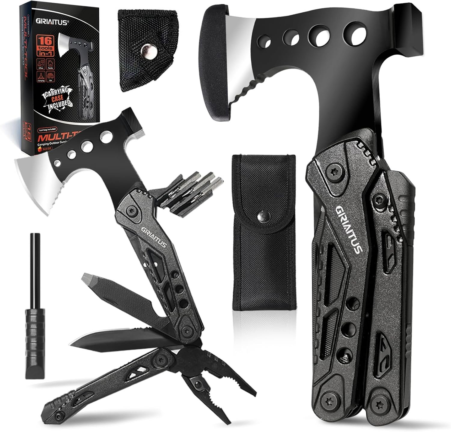 16 in 1 Multitool Camping Survival Gear with Axe Saw Pliers Whistle Hammer | Camping Accessories with Screwdrivers Bottle Opener Multitool-Knife and Gifts for Men Dad Husband Birthday Gifts