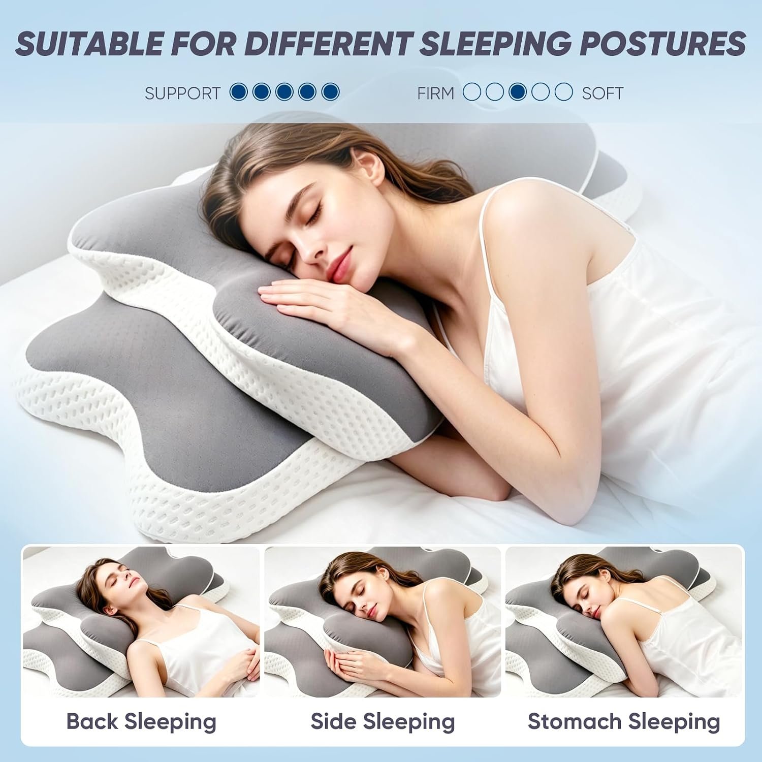 Ergonomic Cervical Pillow for Neck Pain Relief, Grey, 60*36*13cm | Dual-Height Contour, Neck Shoulder Support, Medium Memory Foam, Cooling Pillowcase, for Side Back Stomach Sleepers - Image 5