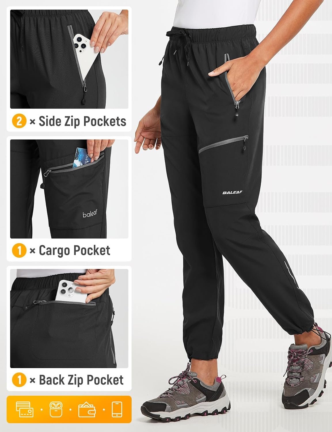 baleaf Women's Hiking Pants Quick Dry Lightweight Water Resistant Elastic Waist Cargo Pants for All Seasons | Petite/Reguar/Tall sizing, Secure Zip Pockets, Water Resistant,breathable Cargo Pants for Travel Camping - Image 7