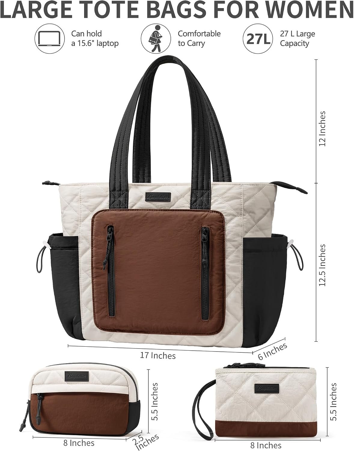 Bagstellar Puffer Tote Bag for Women, Lightweight Puffy Work Laptop Handbag | Quilted Teacher Nurse Carry On Purse with Zipper, 40oz Cup Holder, 15.6" Computer Bag for School Clinical Nursing Travel Gym - Image 4