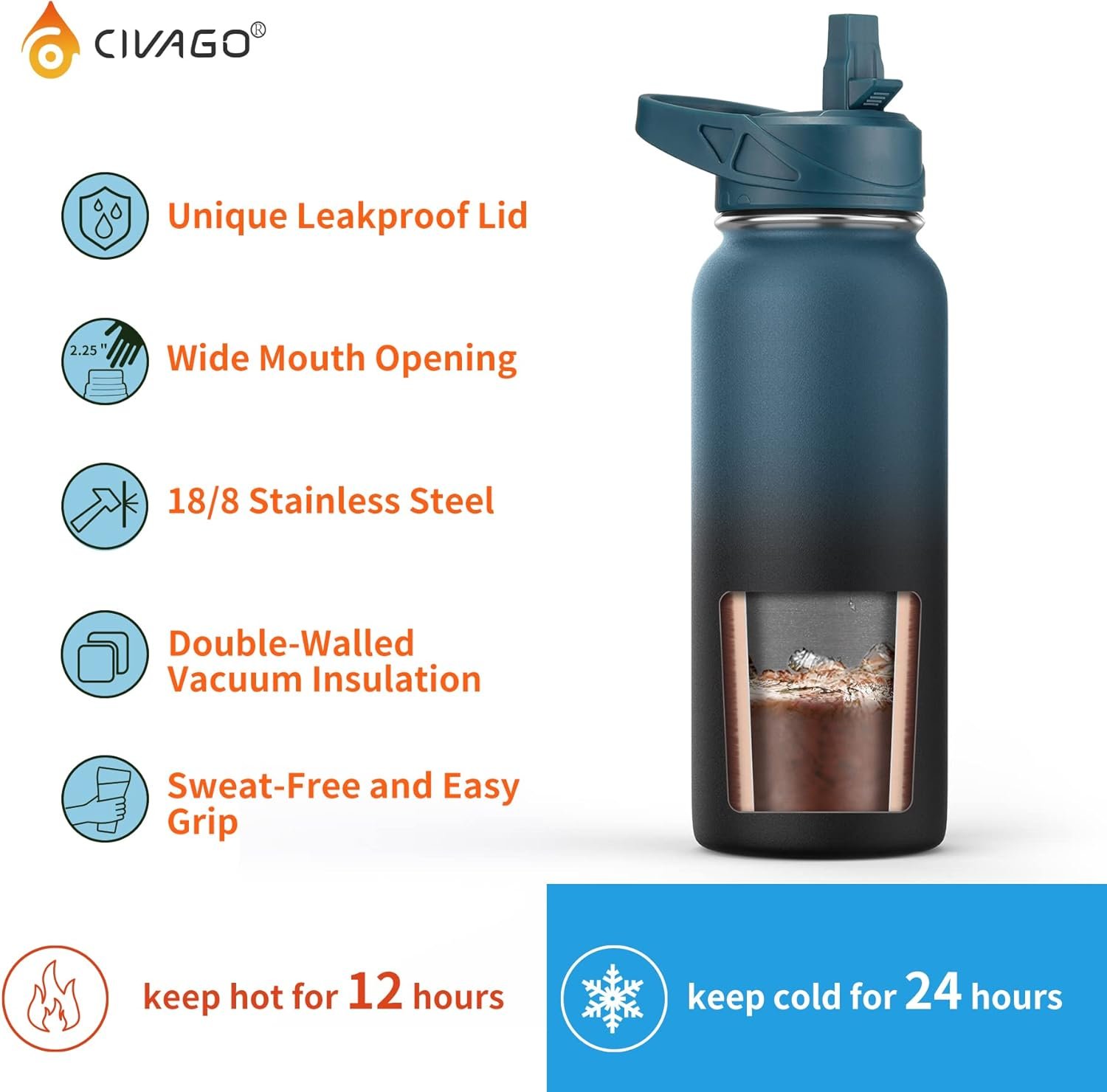 CIVAGO 32 oz Insulated Stainless Steel Water Bottle With Straw and 3 Lids | Large Metal Sports Water Jug, Leakproof Reusable Wide Mouth Thermal Flask Cup with Silicone Boot, BPA-Free, Black - Image 3