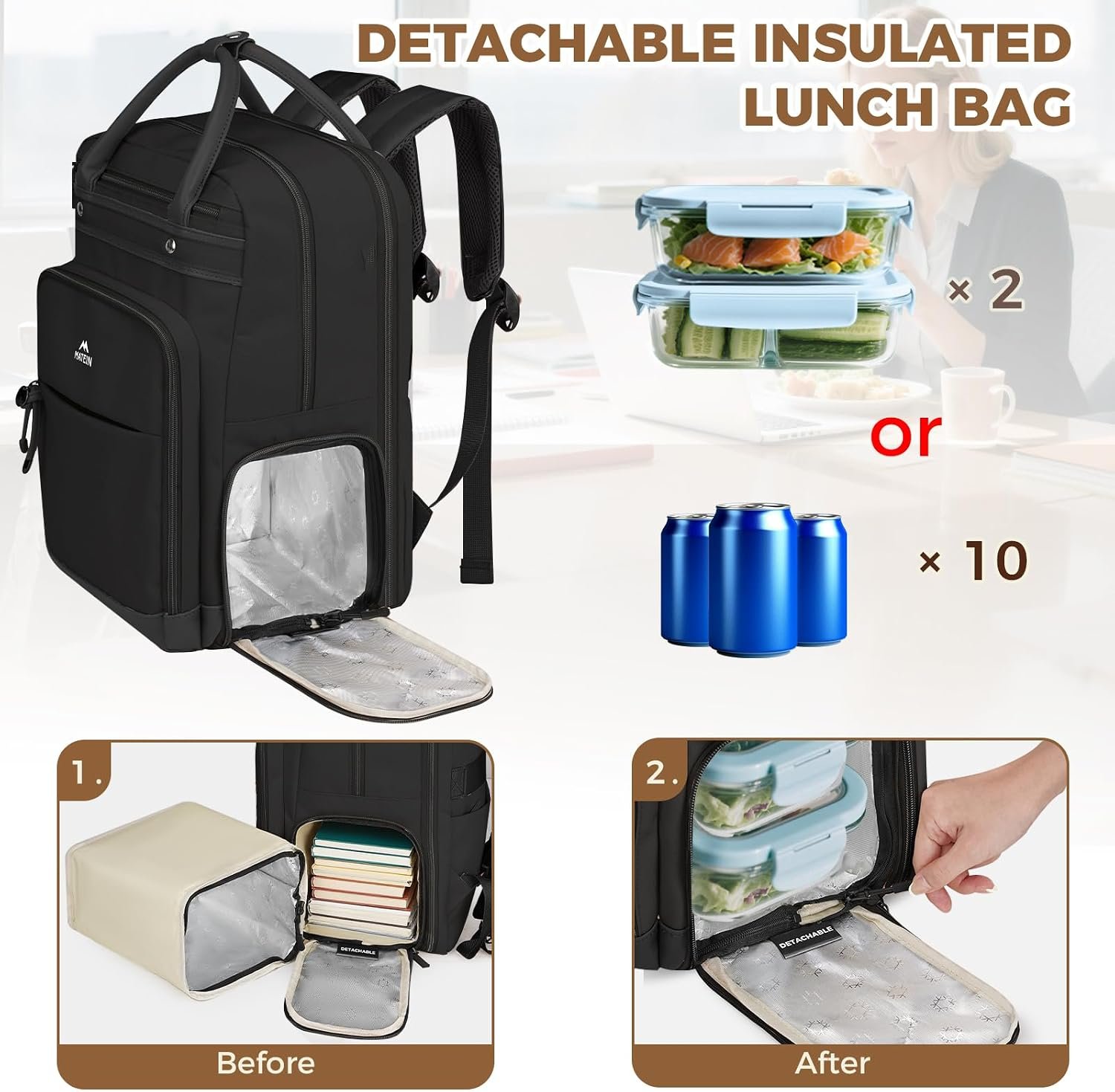 MATEIN Work Backpack with Lunch Compartment, 15.6 Inch Laptop Backpack | Detachable, with Organized Pocket, Commute Office College, Computer Backpacks for Men Women, Meal Prep Bag, Gift for Nurse - Image 2