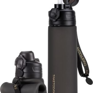 TakeToday Collapsible Water Bottles 21oz (600mL), Foldable Platinum Silicone Travel Water Bottle with Straw & Carry Strap, Leak-Resistant Screw Lid, Wide Mouth, BPA-Free for Hiking, Camping, Travel