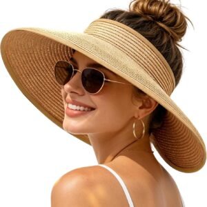 Sun Hats Visor for Women, UV UPF Straw Beach Hat Foldable Wide Brim Ponytail Summer Hats Packable Travel