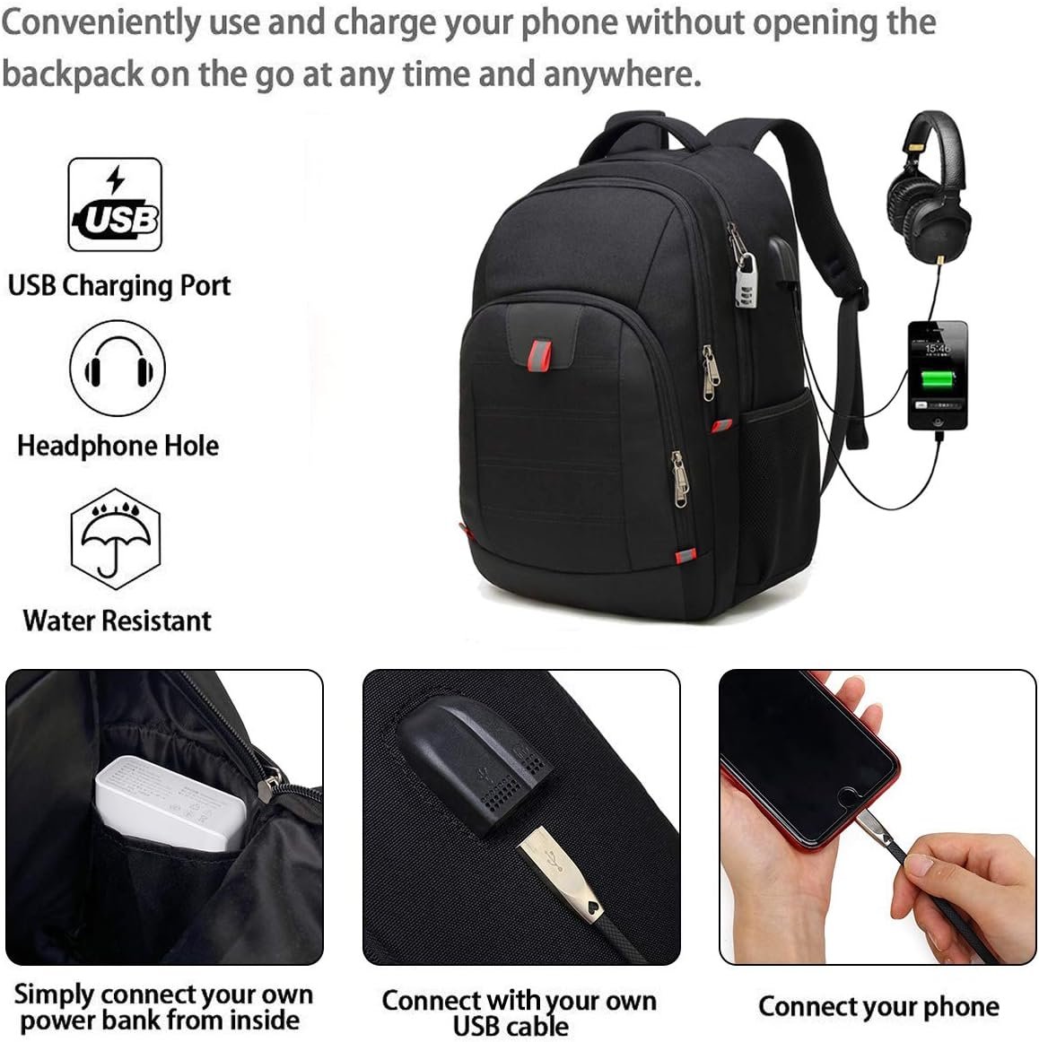 Della Gao Laptop Backpack for Men, 17.3inch Large Business Travel Backpack | with USB Charging Port, Water Resistant College Computer Bag for Men/Women - Image 3